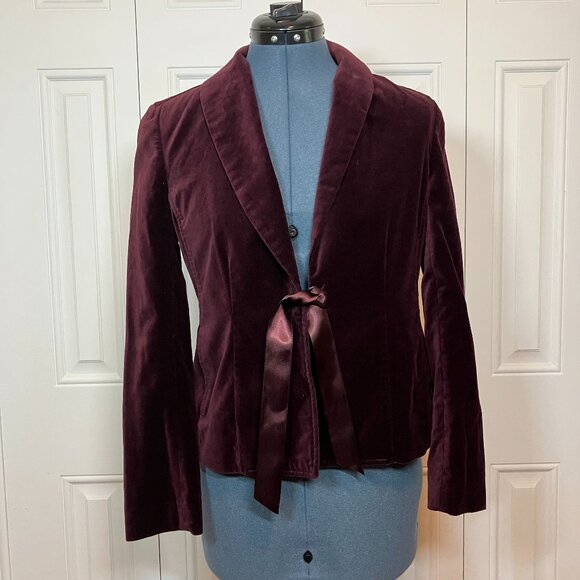 Eddie Bauer Eggplant Velvet Jacket with Satin Ribbon Tie Front Size 2P - Picture 1 of 5